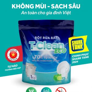 Bột rửa bát T-Clean 1kg – làm sạch dầu mỡ, không mùi hóa chất, dùng cho máy rửa bát mini & lớn. Thành phần an toàn: enzyme sinh học, baking soda, chiết xuất dừa. Hàng Việt giá tố
