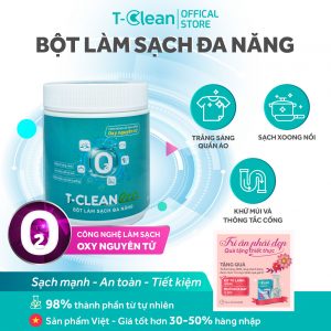 Bột làm sạch đa năng T-Clean 500g, 95% tự nhiên – làm sạch xoong nồi, khử mùi cống, tẩy trắng quần áo và vệ sinh nhà tắm hiệu quả. Không clo, an toàn – không mùi hóa chất.