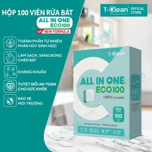 Viên rửa bát T-Clean Mini All in One Eco100 – Hộp lớn 100 viên – Tiết kiệm – Sạch sâu – Không mùi hóa chất